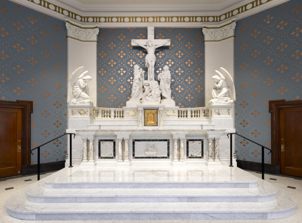 master stone carvers restoring historic cathedral façade on scaffolding with precision tools and limestone carvings illuminated by natural light