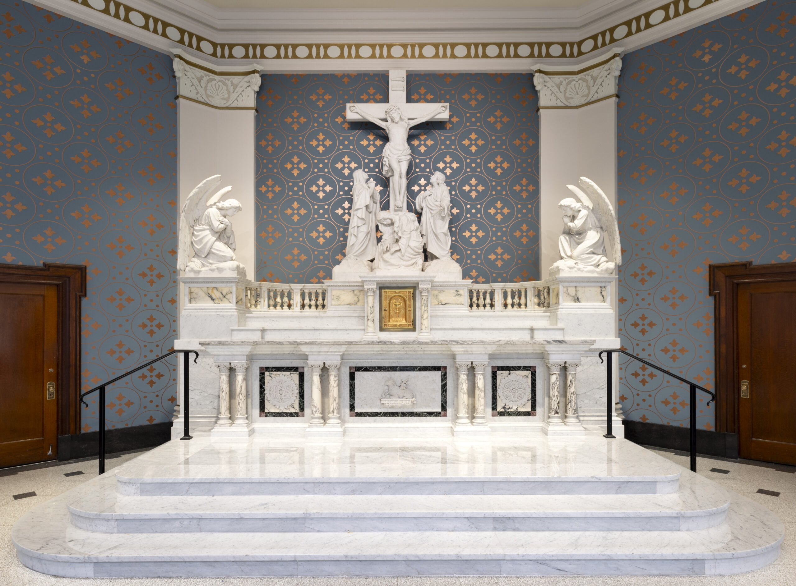 master stone carvers restoring historic cathedral façade on scaffolding with precision tools and limestone carvings illuminated by natural light